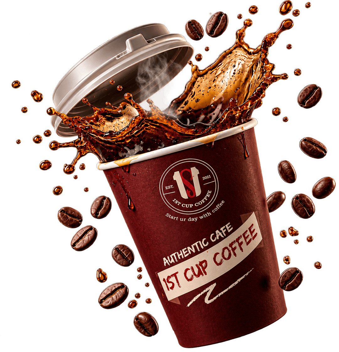 1st Cup Coffee premium takeaway cup with coffee splashing